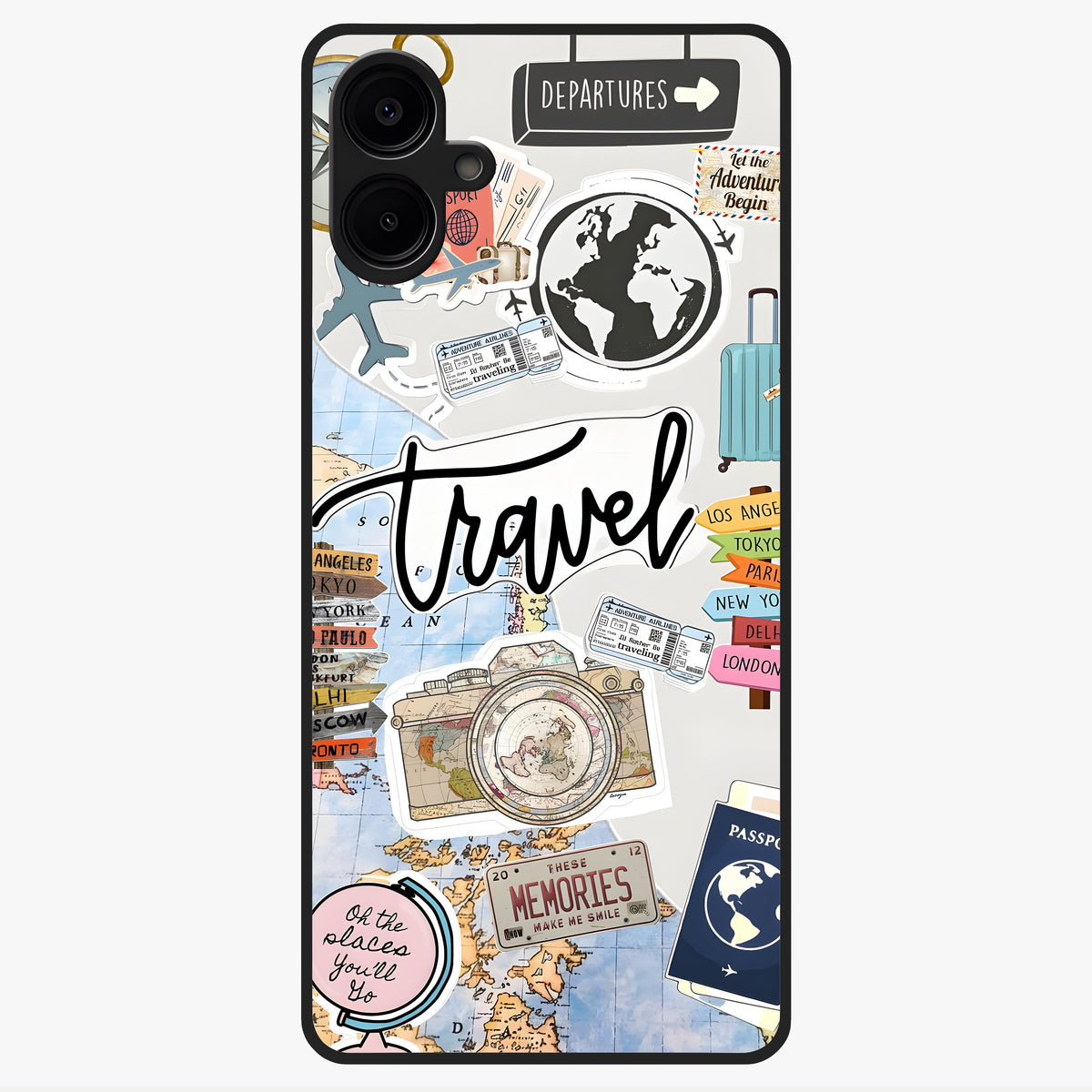 Wanderlust Journal Glass Case showing flat back view with travel inspired artwork and glossy glass finish.