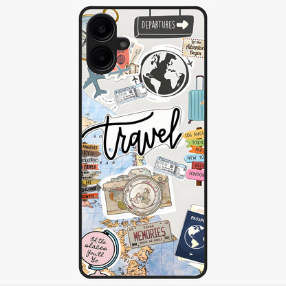 Wanderlust Journal Glass Case showing flat back view with travel inspired artwork and glossy glass finish.