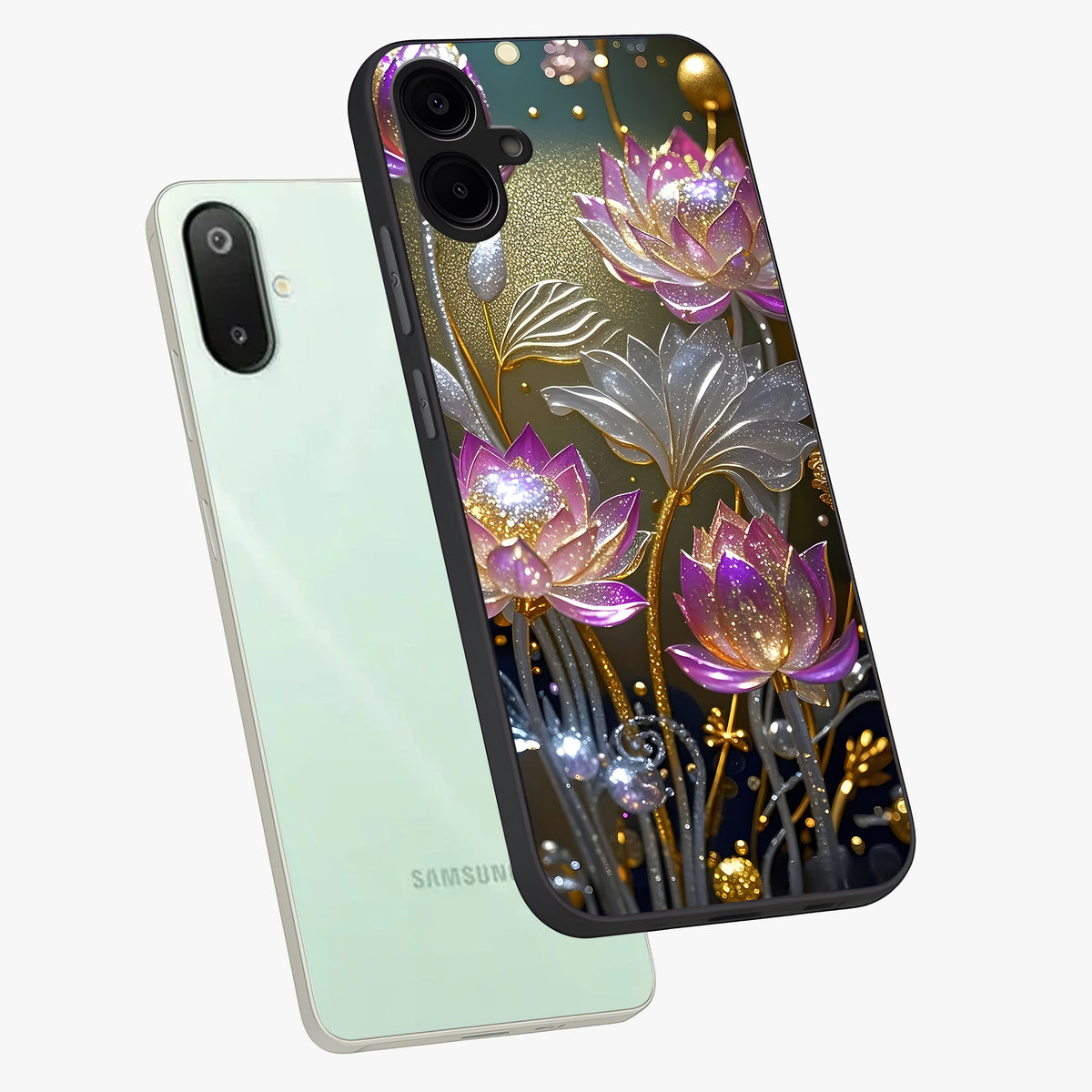 Golden Floral Majesty Glass Case displayed in angled mockup highlighting elegant flower design with royal golden aesthetic.