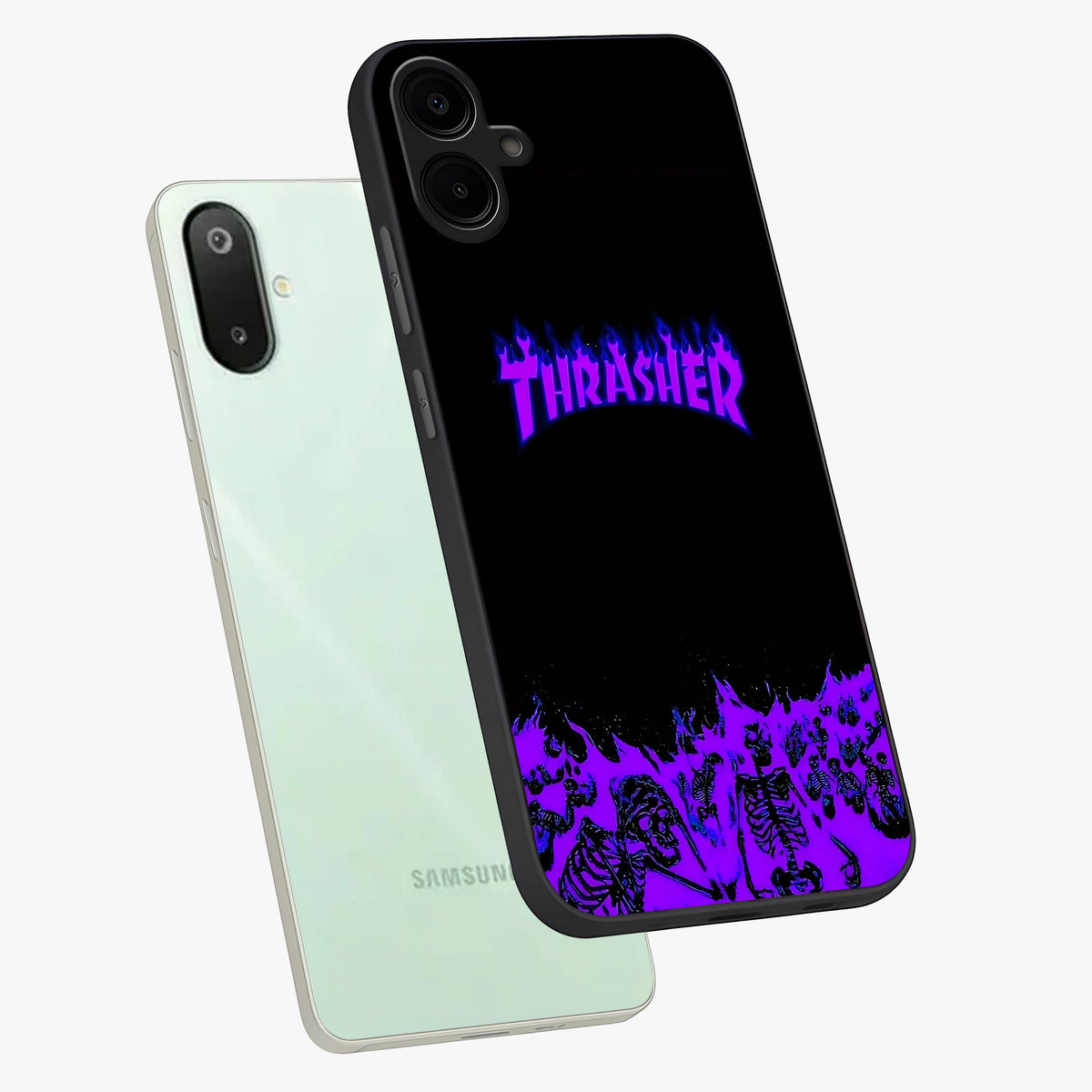 Neon Flame Riot Glass Case displayed in angled mockup highlighting glowing flame design with vibrant neon aesthetic.