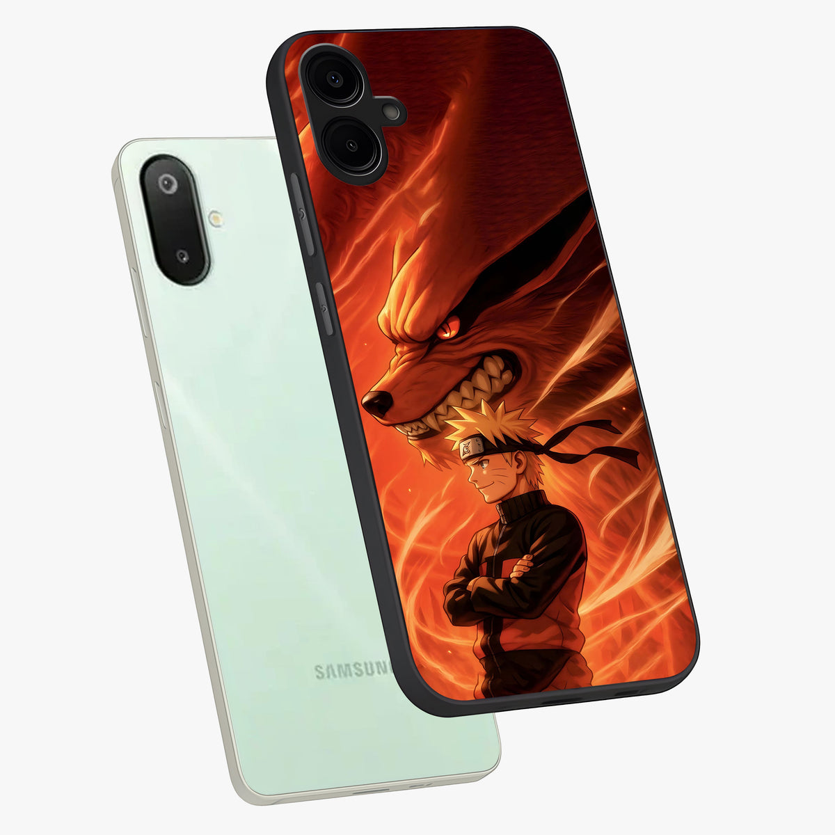 Nine Tails Legacy Glass Case displayed in angled mockup highlighting dynamic anime beast illustration with bold mystical aesthetic.