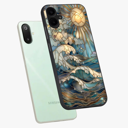 Oceanic Stained Printed Glass Case displayed in angled mockup highlighting colorful aquatic design with artistic aesthetic style.