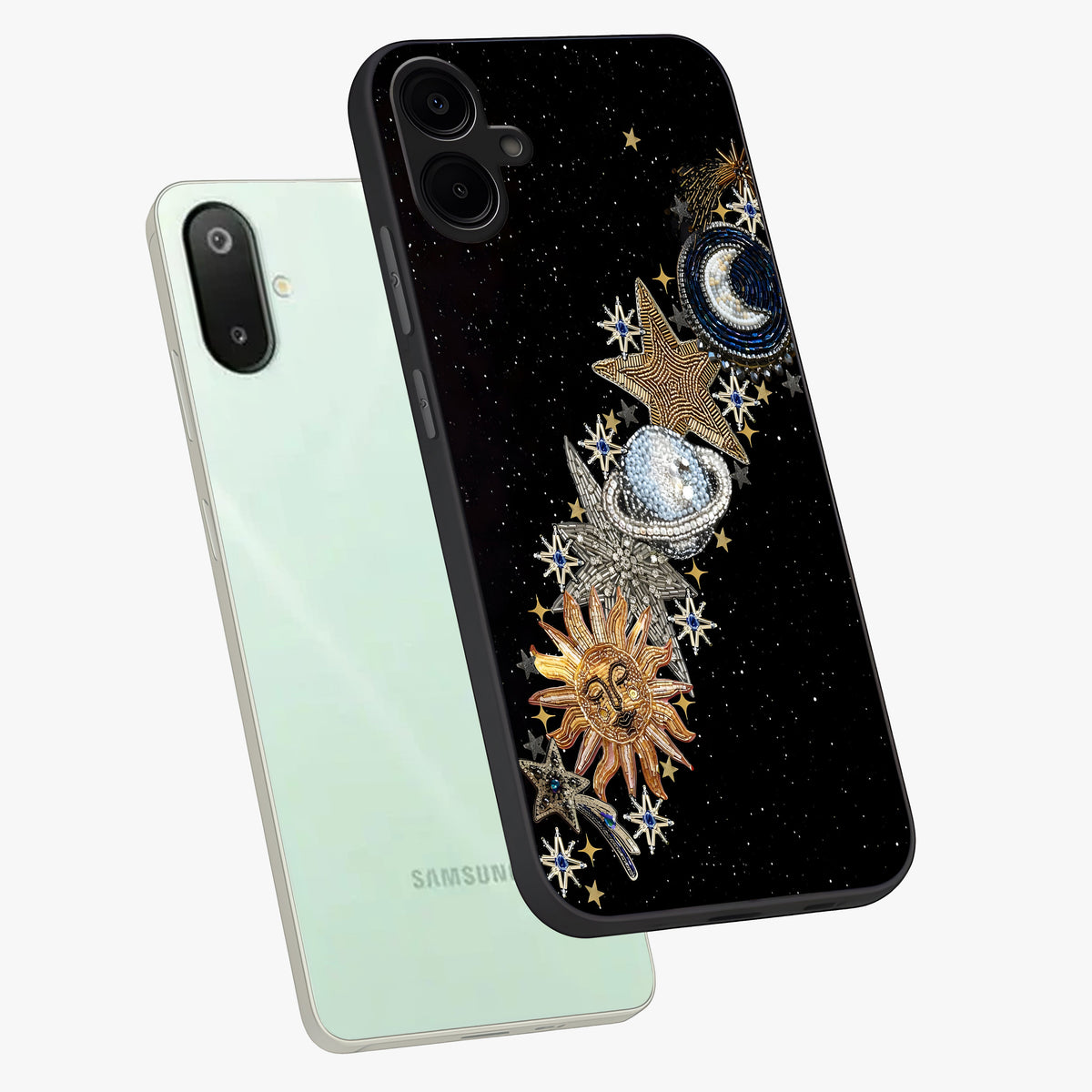 Pearls Universe Object Glass Case displayed in angled mockup highlighting celestial pearl design with dreamy aesthetic.