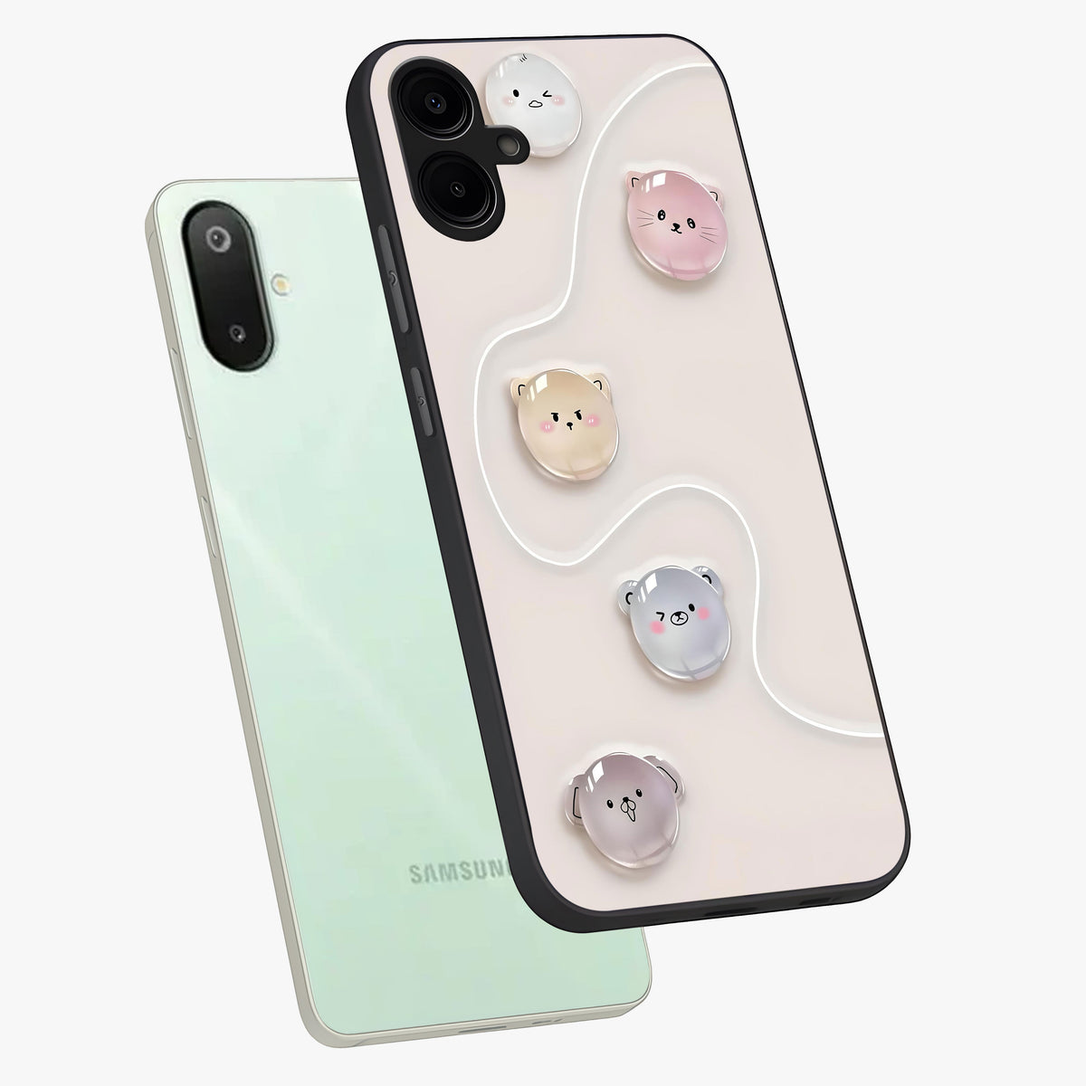 Puffy Face Parade Glass Case displayed in angled mockup highlighting playful cartoon face design with fun aesthetic.