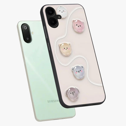 Puffy Face Parade Glass Case displayed in angled mockup highlighting playful cartoon face design with fun aesthetic.