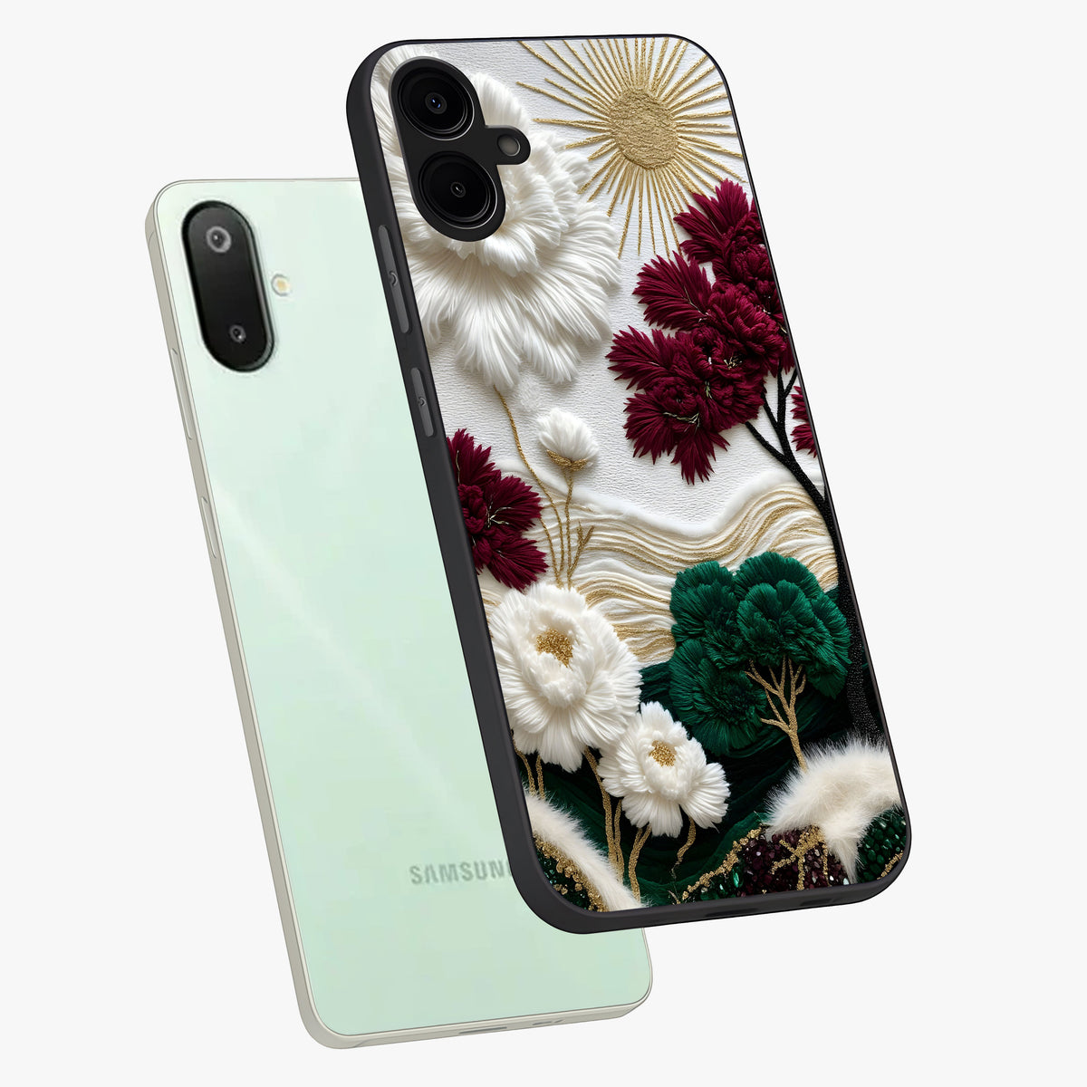 Radiant Bloom Elegance Glass Case displayed in angled mockup highlighting graceful floral design with radiant aesthetic style.