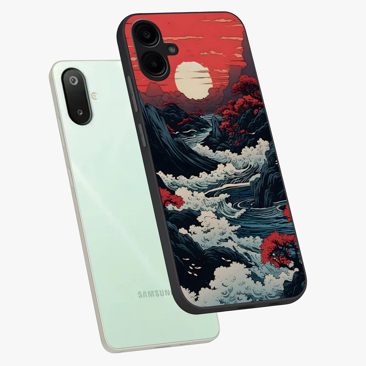 Red Sunset Scenery Glass Case displayed in angled mockup highlighting glowing sunset sky design with scenic aesthetic.