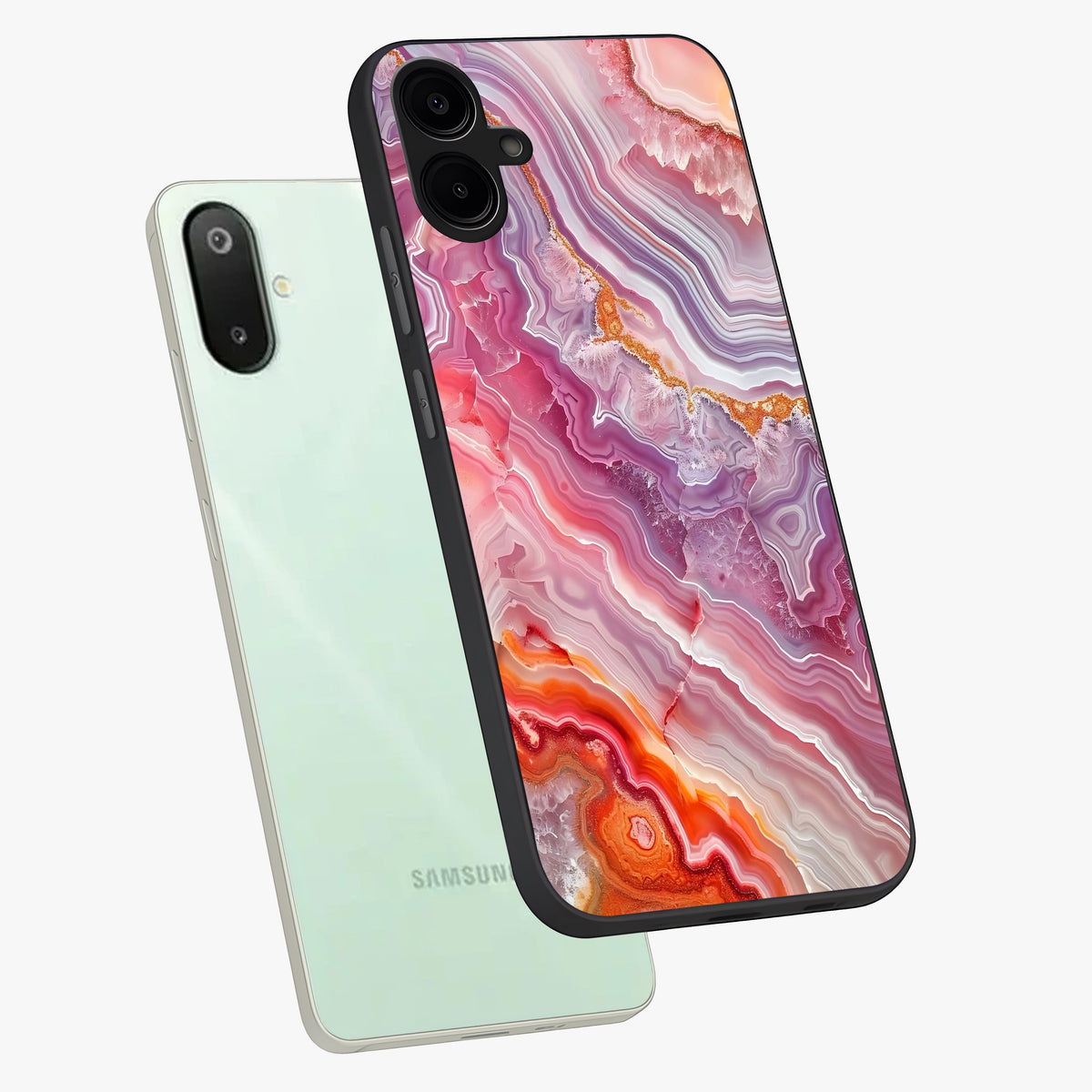 Rose Quartz Marble Glass Case displayed in angled mockup highlighting elegant marble pattern with soft aesthetic style.