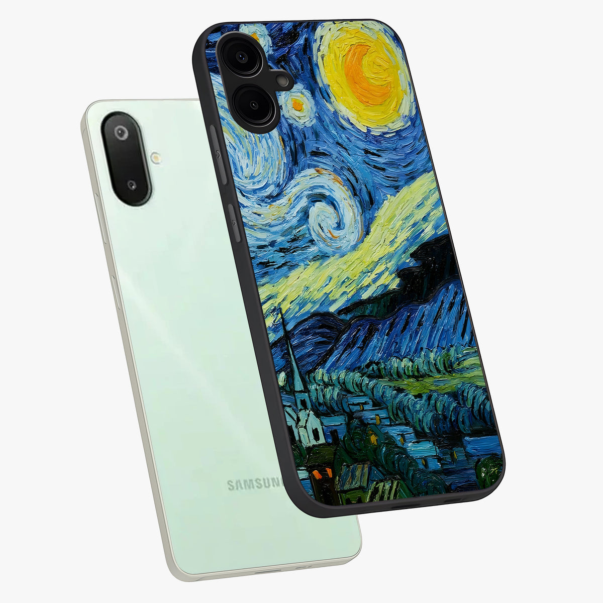 Van Gogh Art Glass Case displayed in angled mockup highlighting swirling brushstroke design with artistic aesthetic.