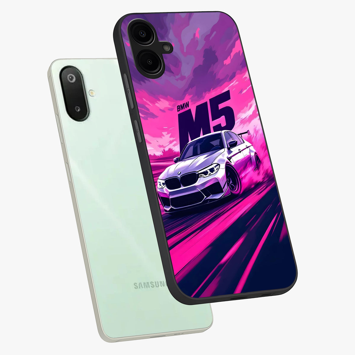 Velocity Drift Pulse Glass Case displayed in angled mockup highlighting dynamic drift design with sporty automotive aesthetic.