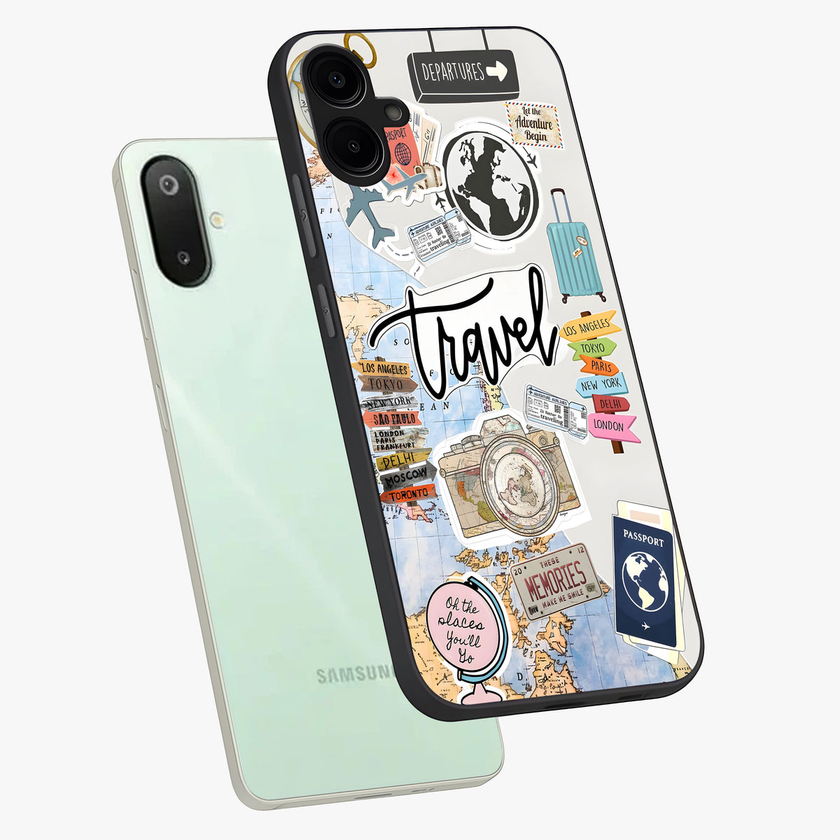 Wanderlust Journal Glass Case displayed in angled mockup highlighting adventure themed design with aesthetic travel vibe.