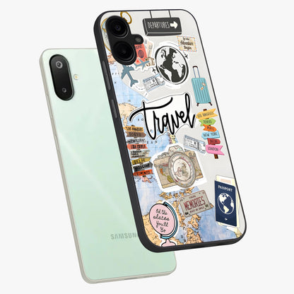 Wanderlust Journal Glass Case displayed in angled mockup highlighting adventure themed design with aesthetic travel vibe.