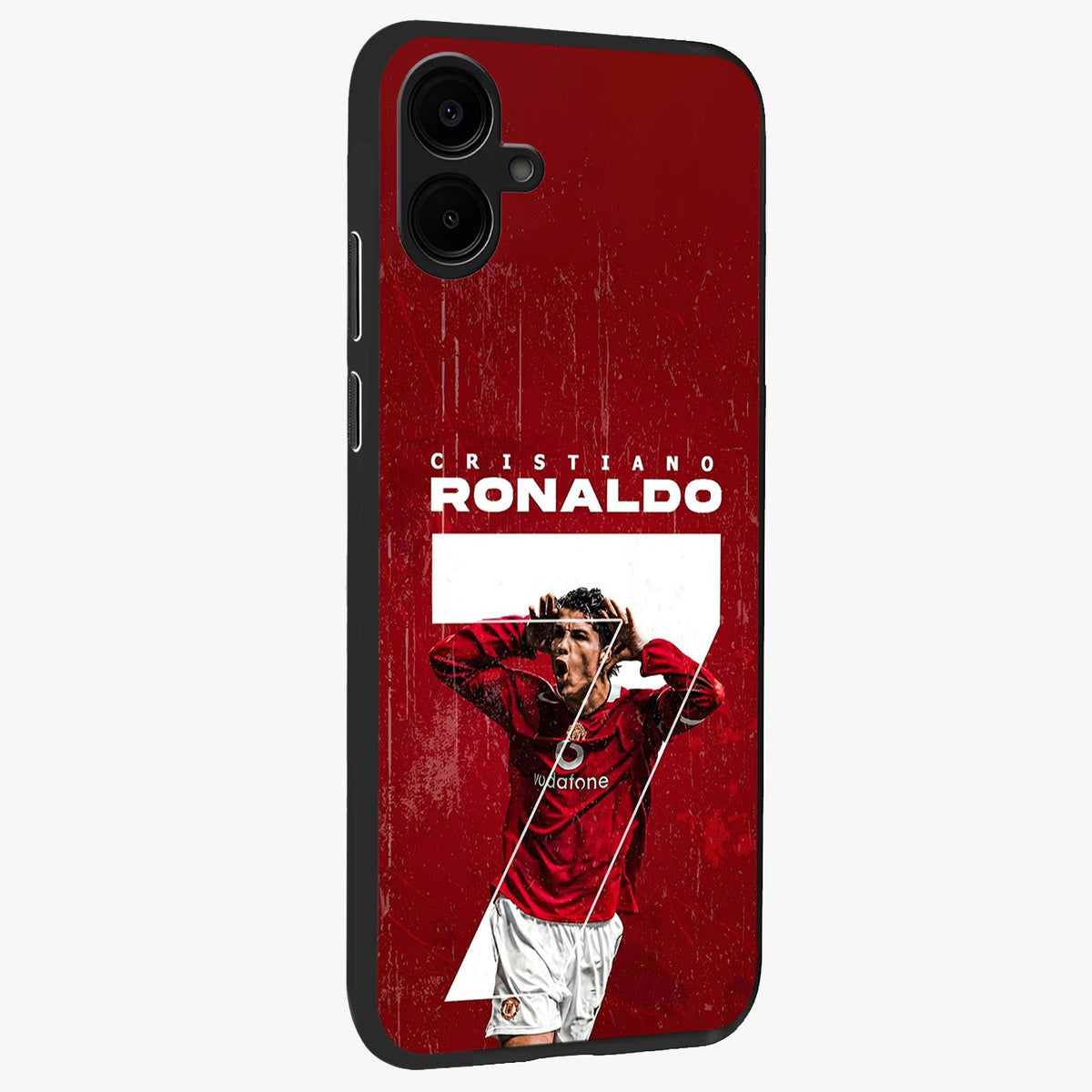 Goal Celebration Legacy Glass Case upright view showcasing dynamic football inspired artwork with victory celebration aesthetic.