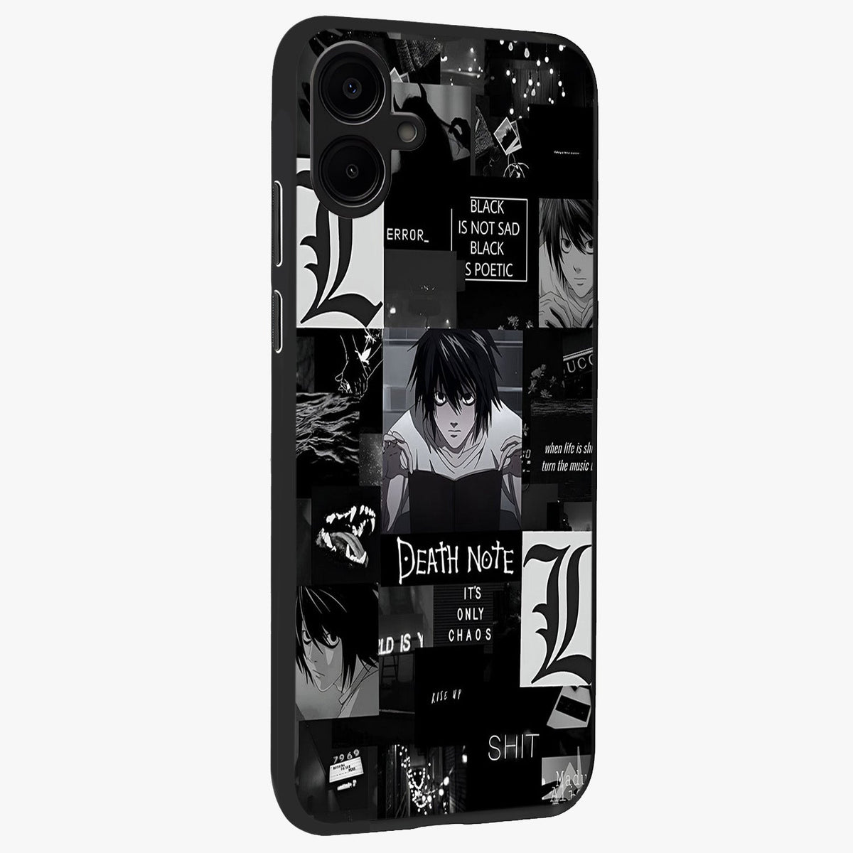 Midnight Chaos Mind Glass Case upright view showcasing expressive abstract artwork with bold dark theme.