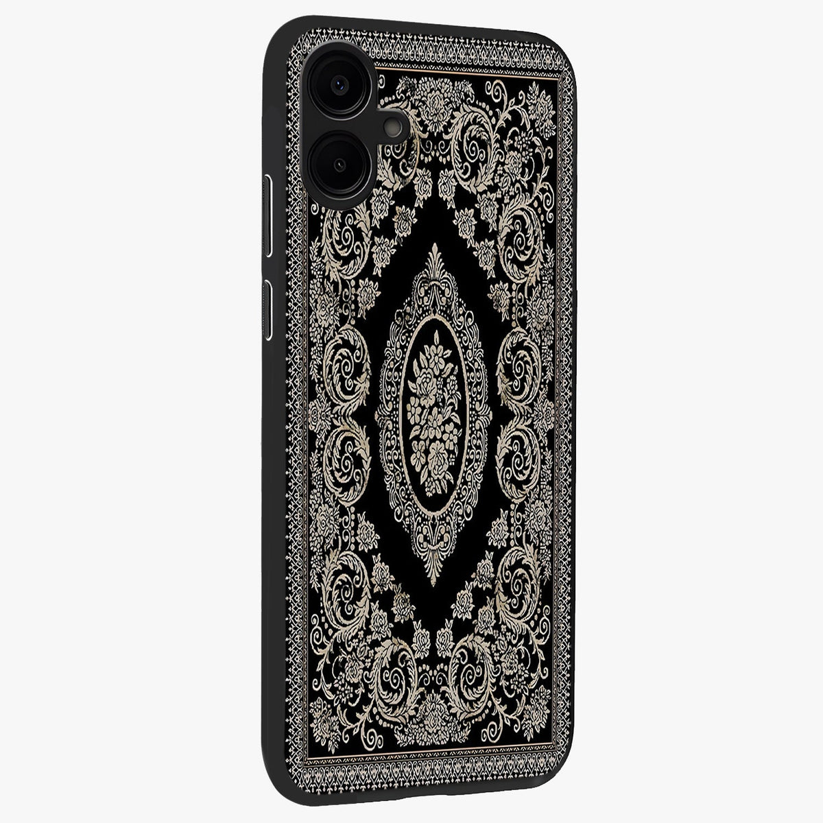 Noir Bloom Elegance Glass Case upright view showcasing graceful floral artwork with luxurious dark theme.