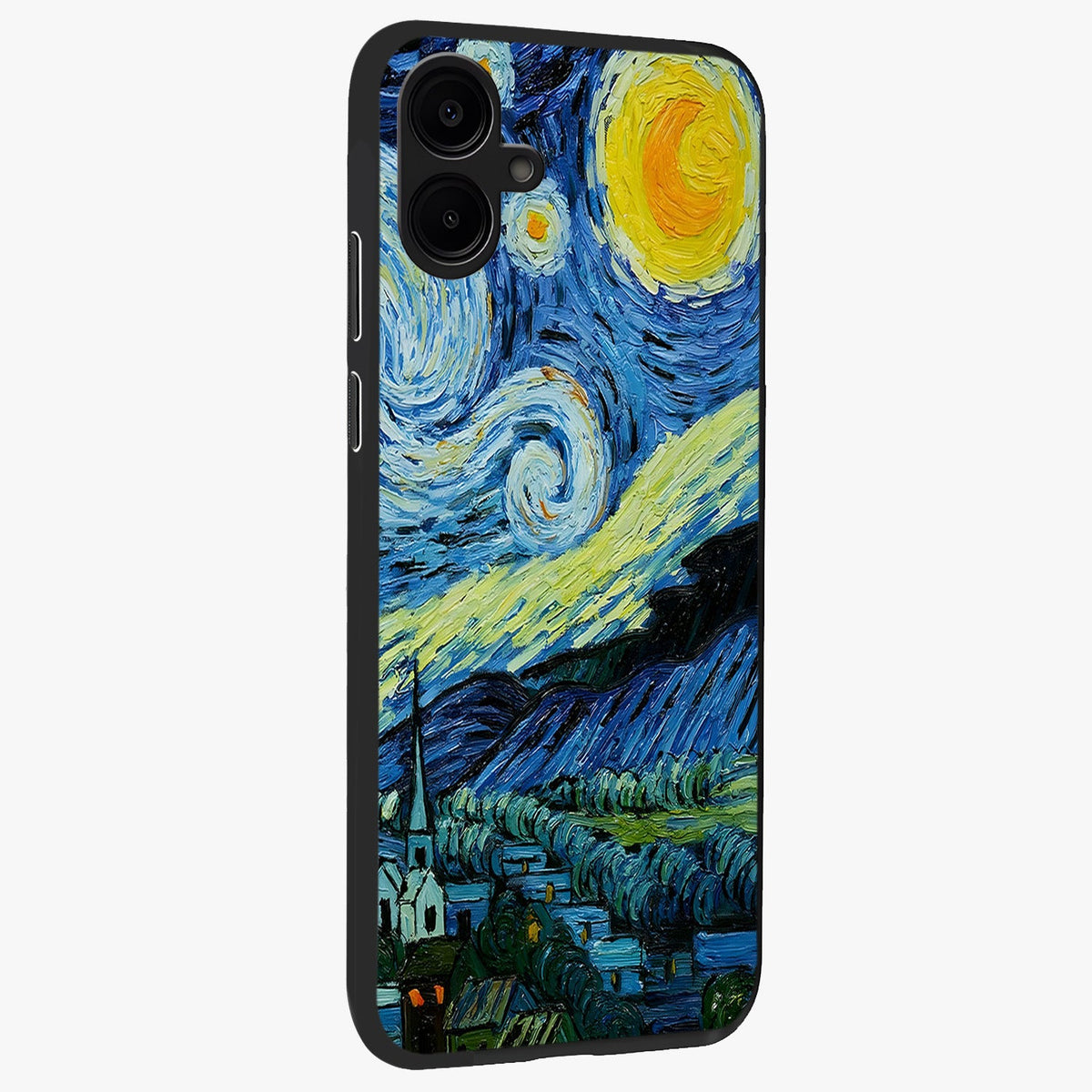 Van Gogh Art Glass Case upright view showcasing expressive painting style artwork with timeless artistic theme.