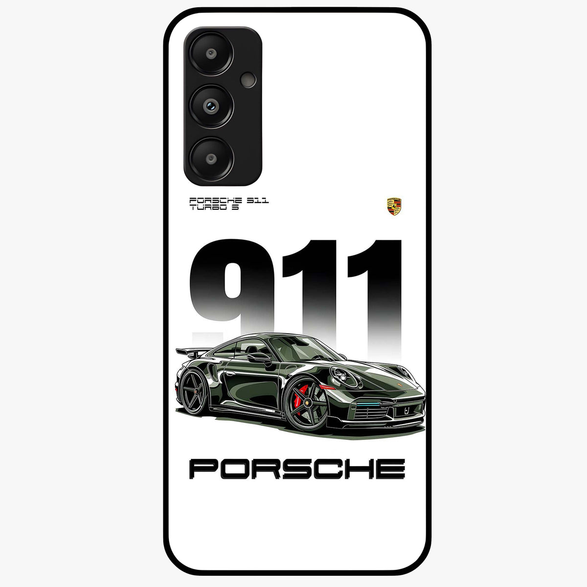 911 Turbo Dominance Glass Case showing clean flat back view with bold 911 sports car artwork and glossy glass finish.
