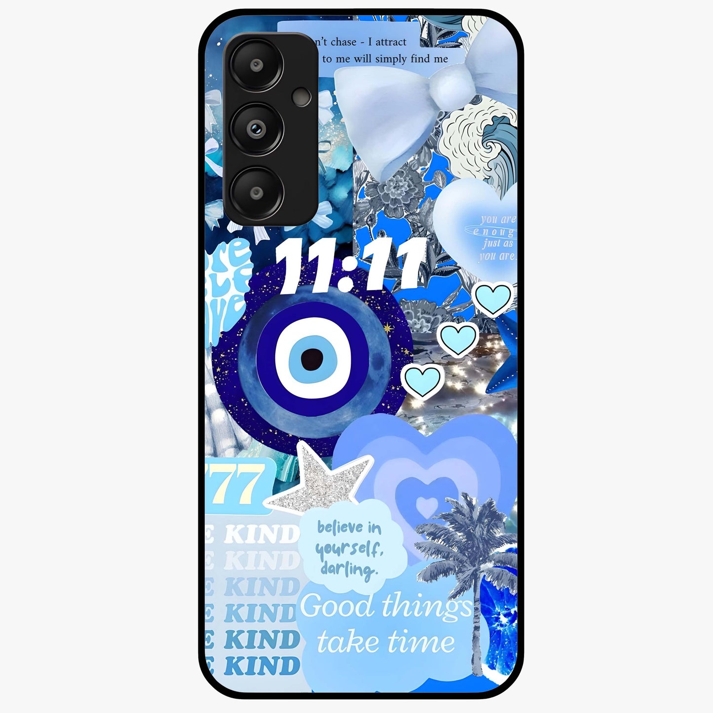 Aesthetic Be Kind Eye Glass Case showing flat back view with motivational eye artwork and glossy glass finish.