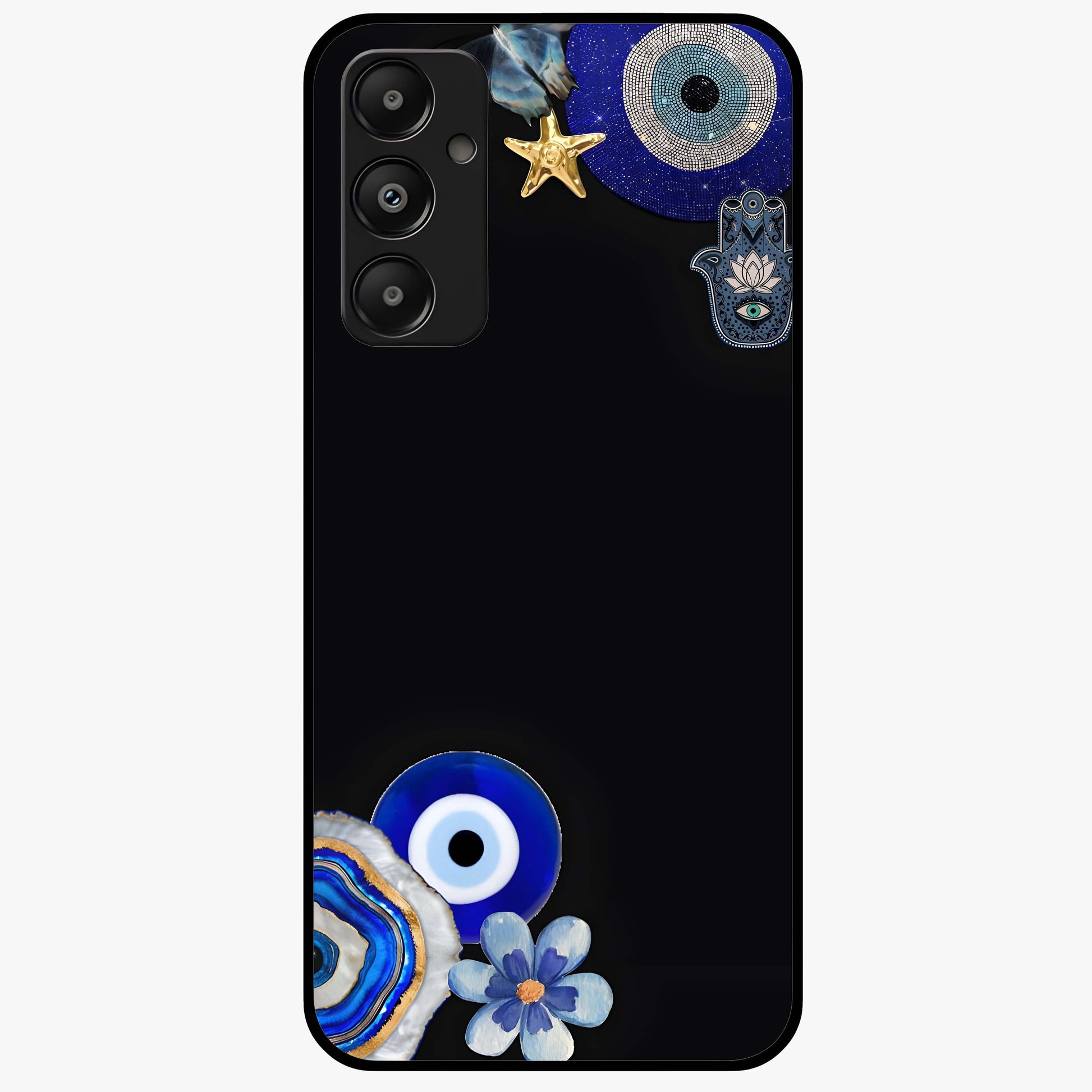 Aesthetic Blue Evil Eye Glass Case showing flat back view with protective evil eye artwork and glossy glass finish.