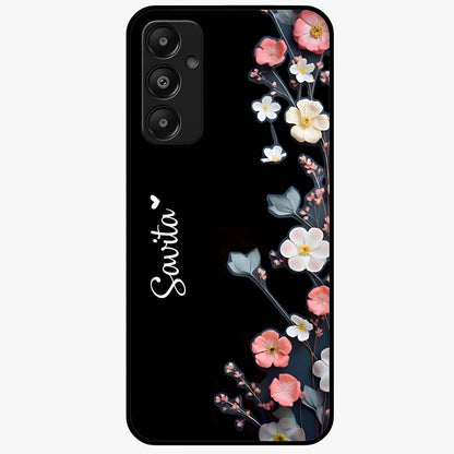 Black Elegance Floral Custom Name Glass Case showing flat back view with elegant floral artwork and personalized name design.