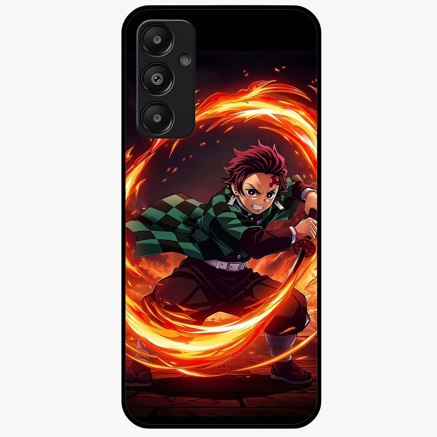 Blazing Sword Resolve Glass Case showing flat back view with fiery sword artwork and glossy glass finish.