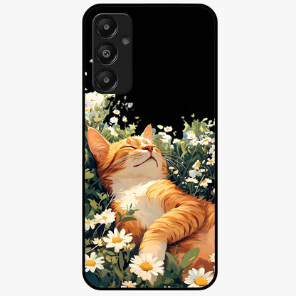 Blissful Bloom Cat Glass Case showing flat back view with cute cat and floral bloom artwork and glossy glass finish.