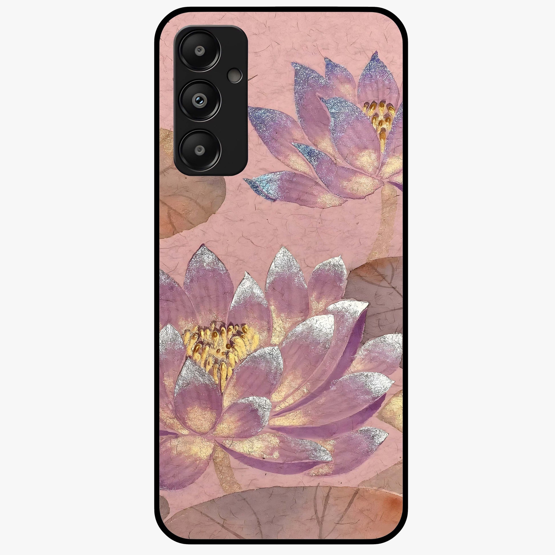 Blossom Mist Lotus Glass Case showing flat back view with serene lotus blossom artwork and glossy glass finish.