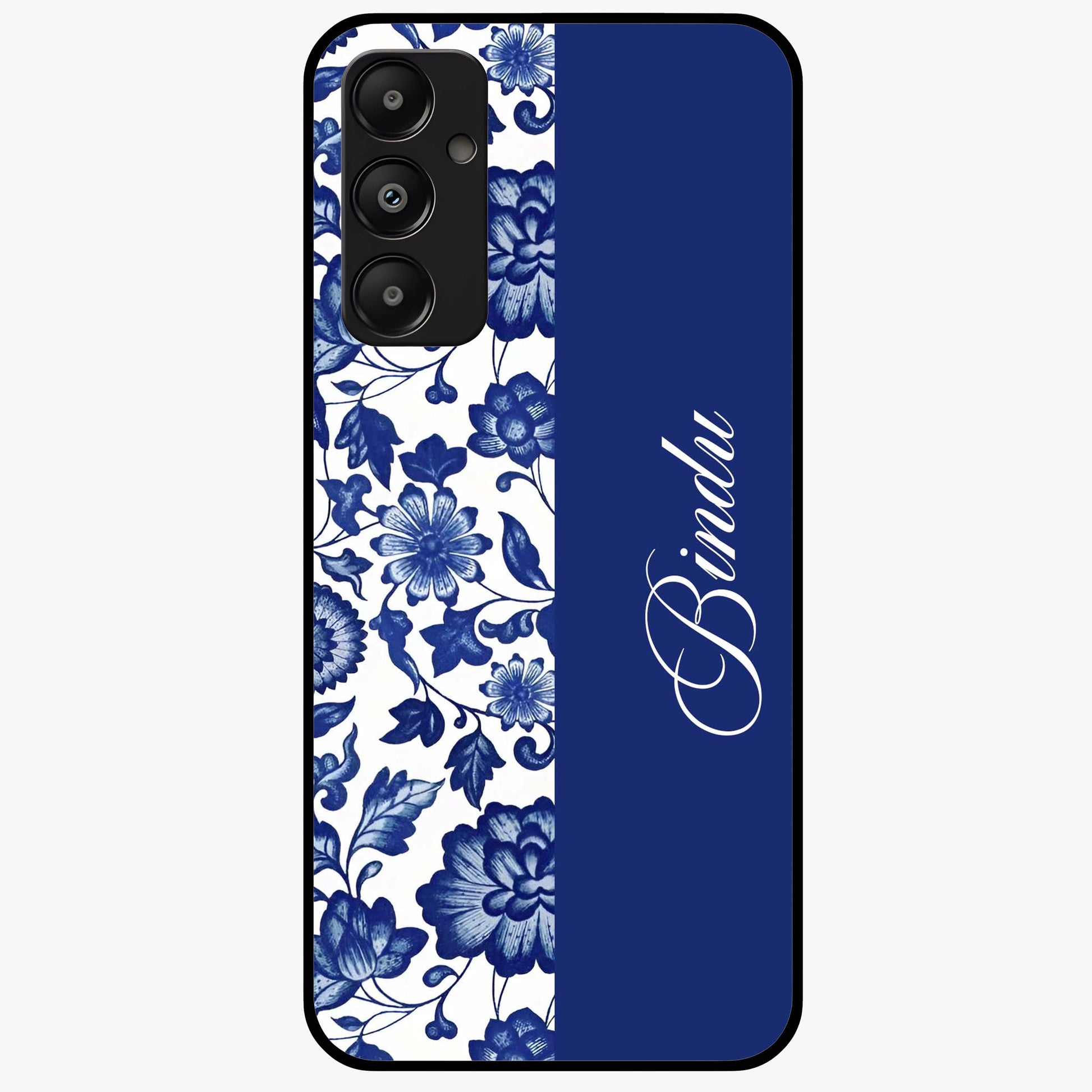 Blue Vintage Floral Pattern Glass Case upright view showcasing timeless floral illustration with vintage inspired style.