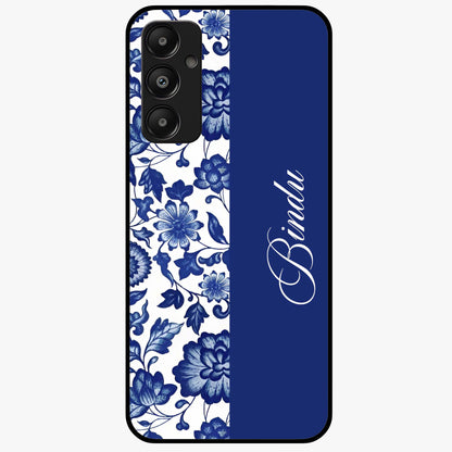 Blue Vintage Floral Pattern Glass Case upright view showcasing timeless floral illustration with vintage inspired style.
