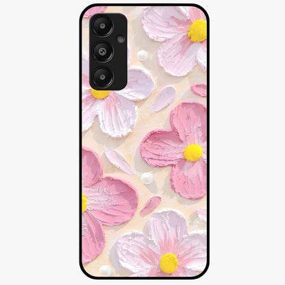 Blush Bloom Texture Glass Case showing flat back view with soft blush floral texture artwork and glossy glass finish.