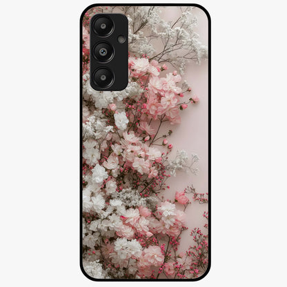 Blush Blossom Cloud Glass Case showing flat back view with dreamy blush cloud blossom artwork and glossy glass finish.
