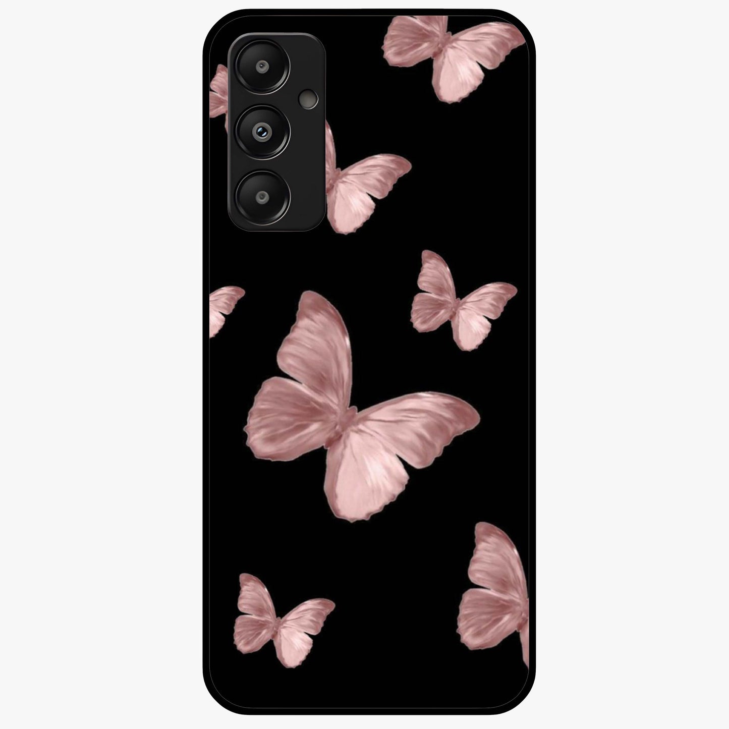 Butterfly Pattern Glass Case showing flat back view with elegant butterfly pattern artwork and glossy glass finish.