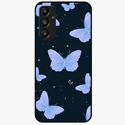 Butterfly With Stars Pattern Glass Case showing flat back view with butterfly and star pattern artwork and glossy glass finish.