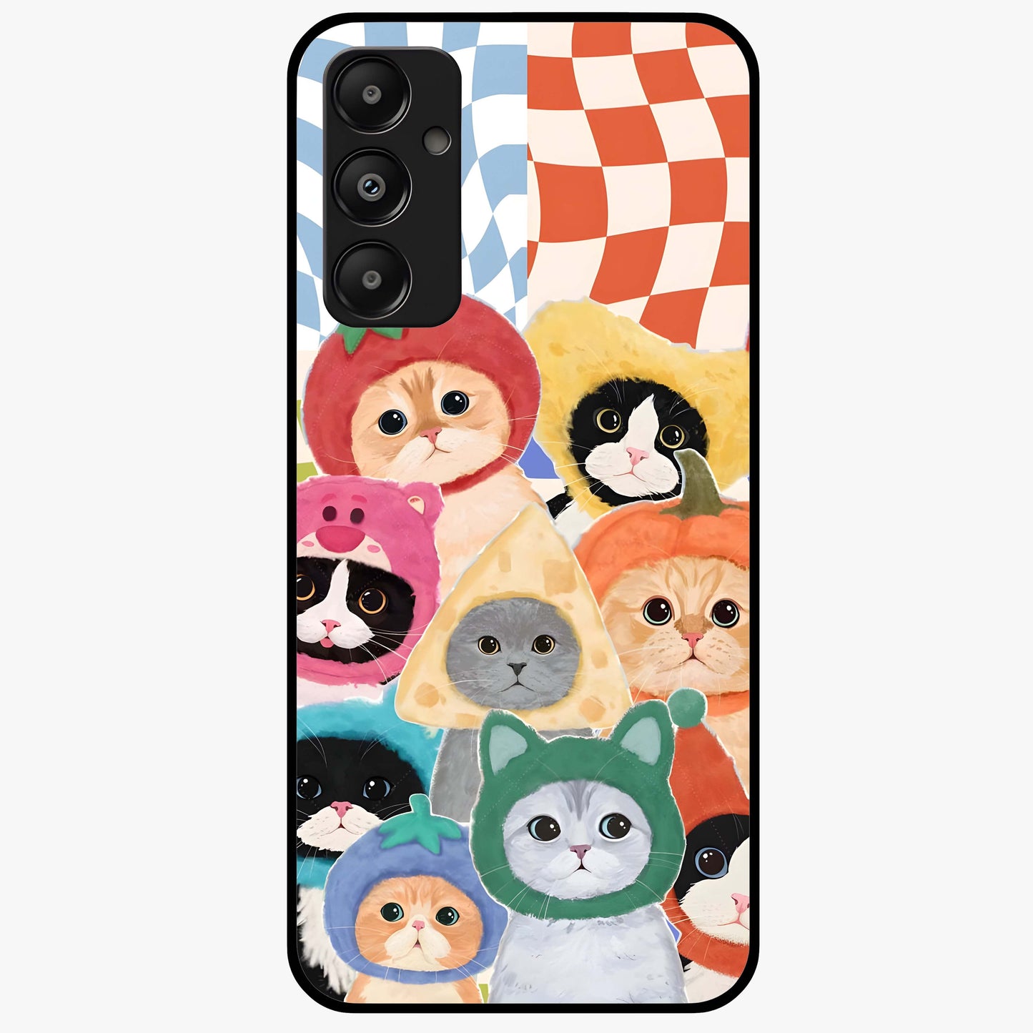 Cats in Fruits Glass Case showing flat back view with playful cat illustrations inside fruit artwork and glossy glass finish.