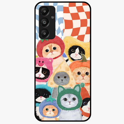 Cats in Fruits Glass Case showing flat back view with playful cat illustrations inside fruit artwork and glossy glass finish.