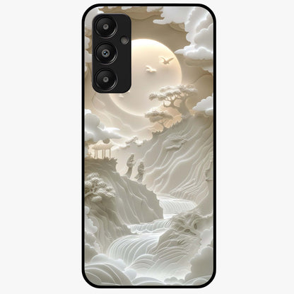 Celestial Origami Glass Case showing flat back view with artistic origami inspired celestial artwork and glossy glass finish.