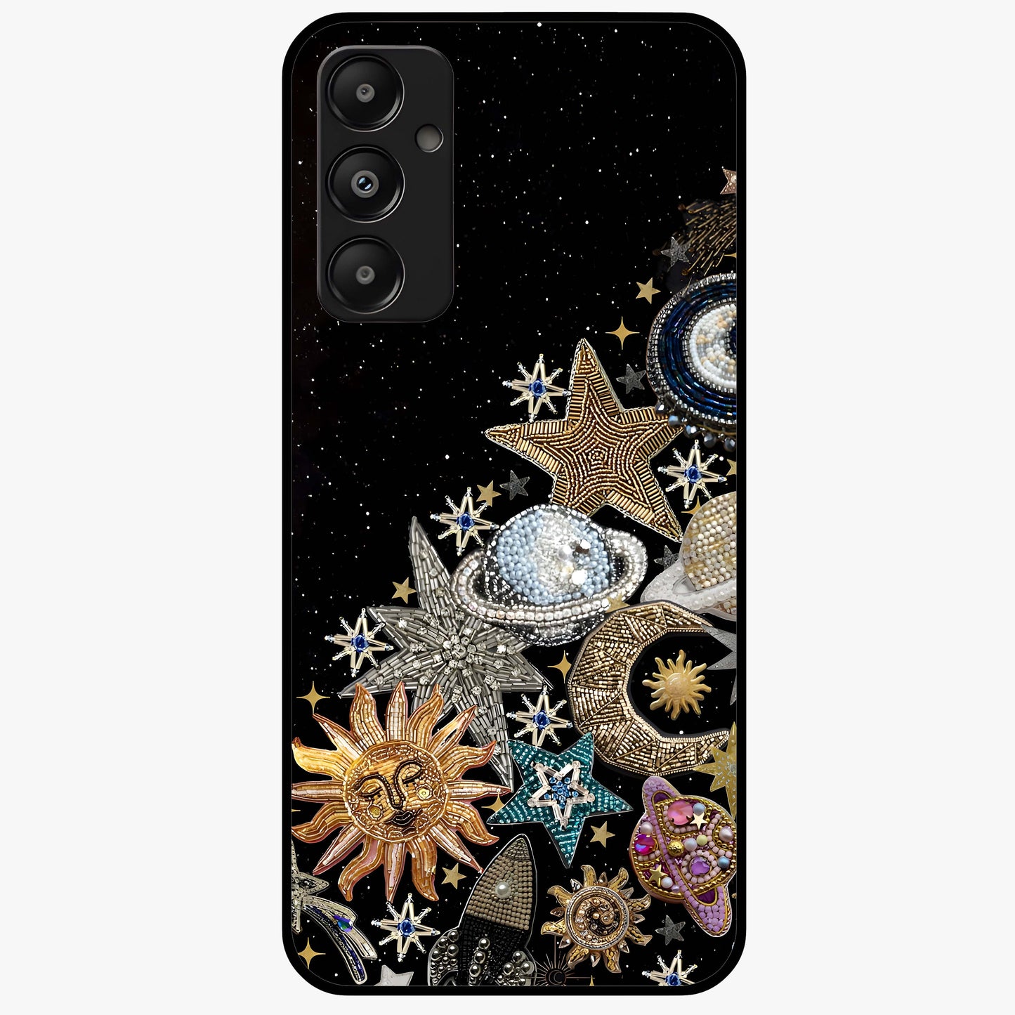 Cosmic Sparkle Dreams Glass Case showing flat back view with sparkling cosmic artwork and glossy glass finish.