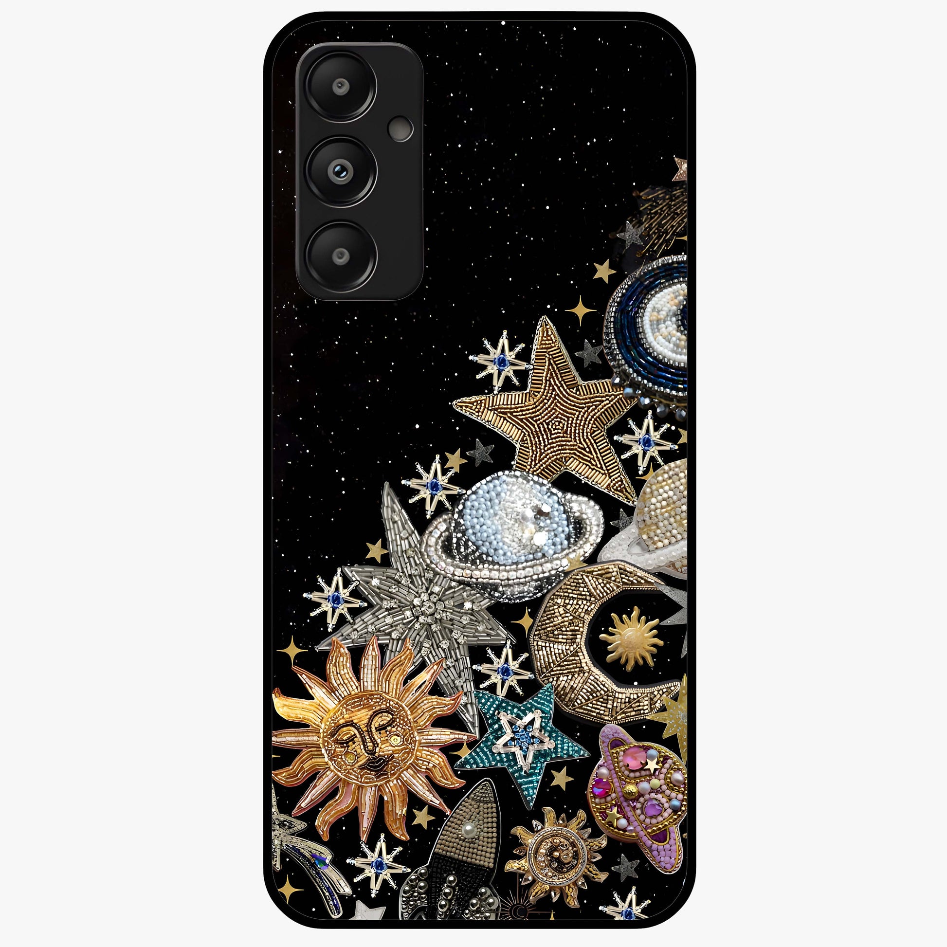 Cosmic Sparkle Dreams Glass Case showing flat back view with sparkling cosmic artwork and glossy glass finish.
