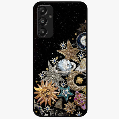 Cosmic Sparkle Dreams Glass Case showing flat back view with sparkling cosmic artwork and glossy glass finish.