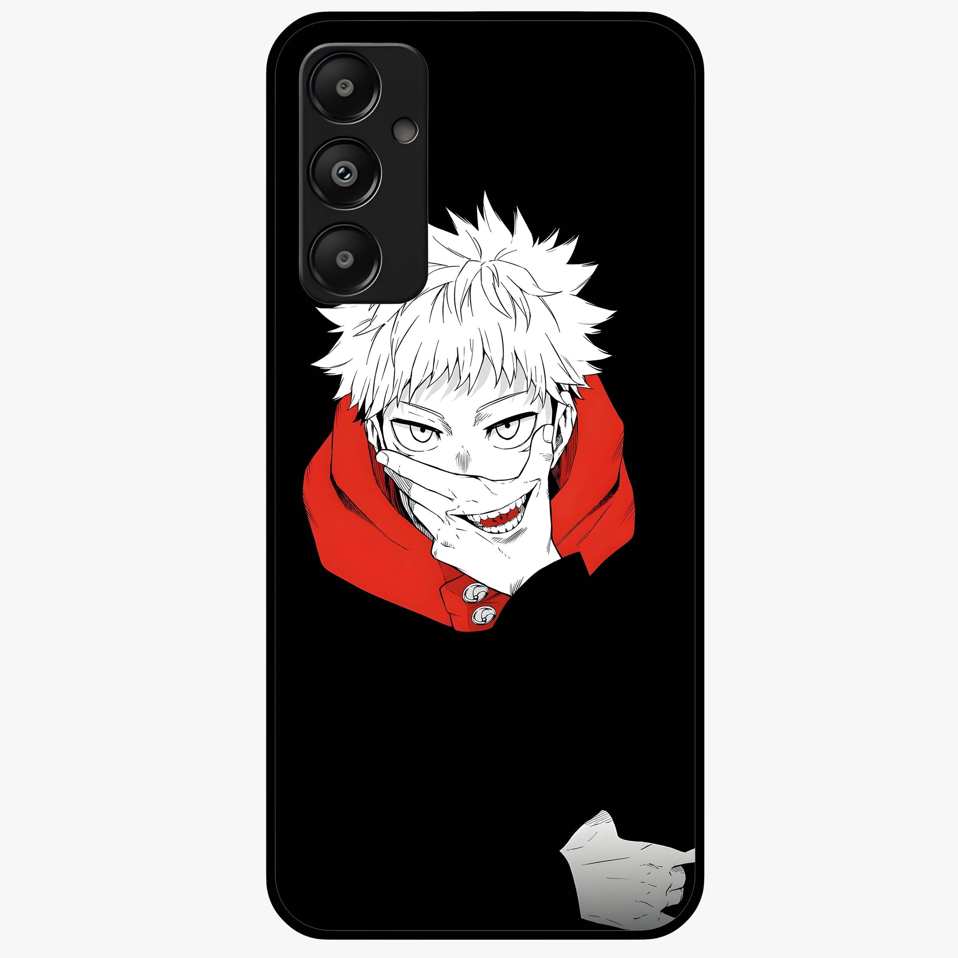 Crimson Chaos Smile Glass Case showing flat back view with bold chaotic smile artwork and glossy glass finish.