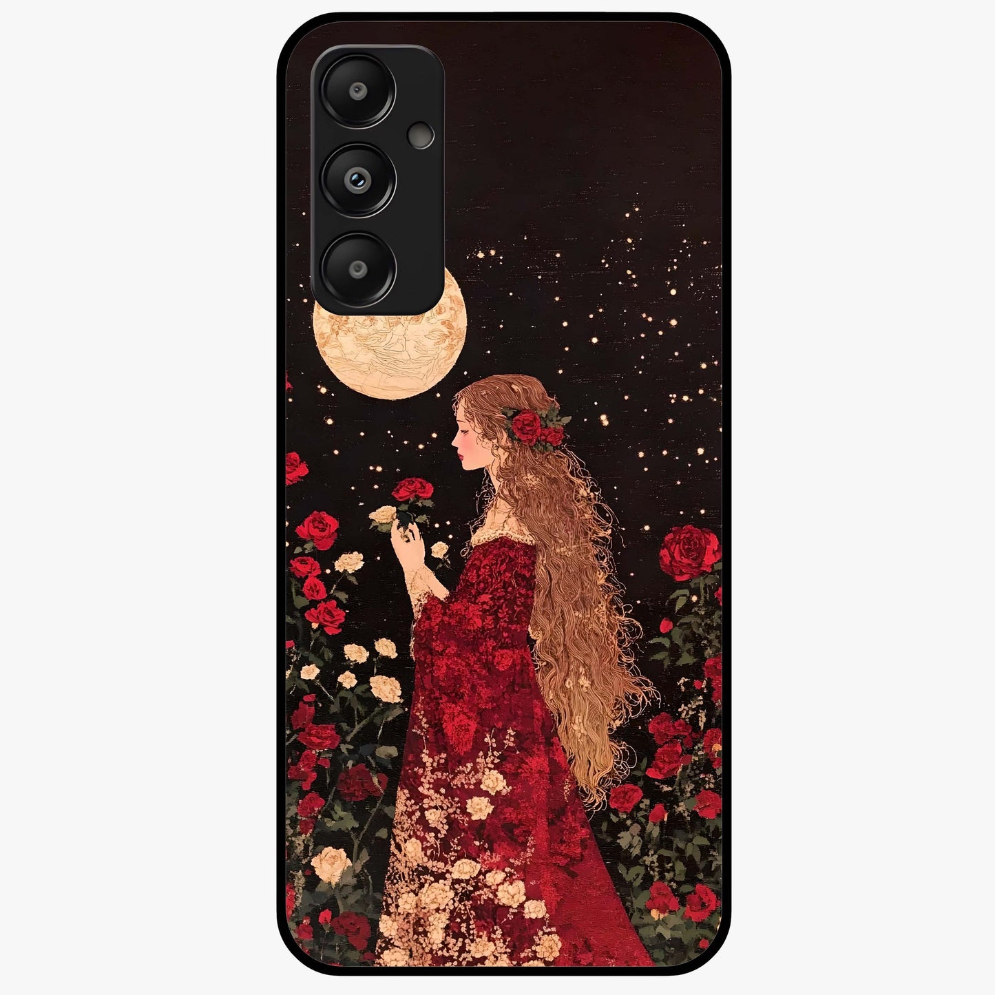 Crimson Dreams Glass Case showing flat back view with dreamy crimson artwork and glossy glass finish.