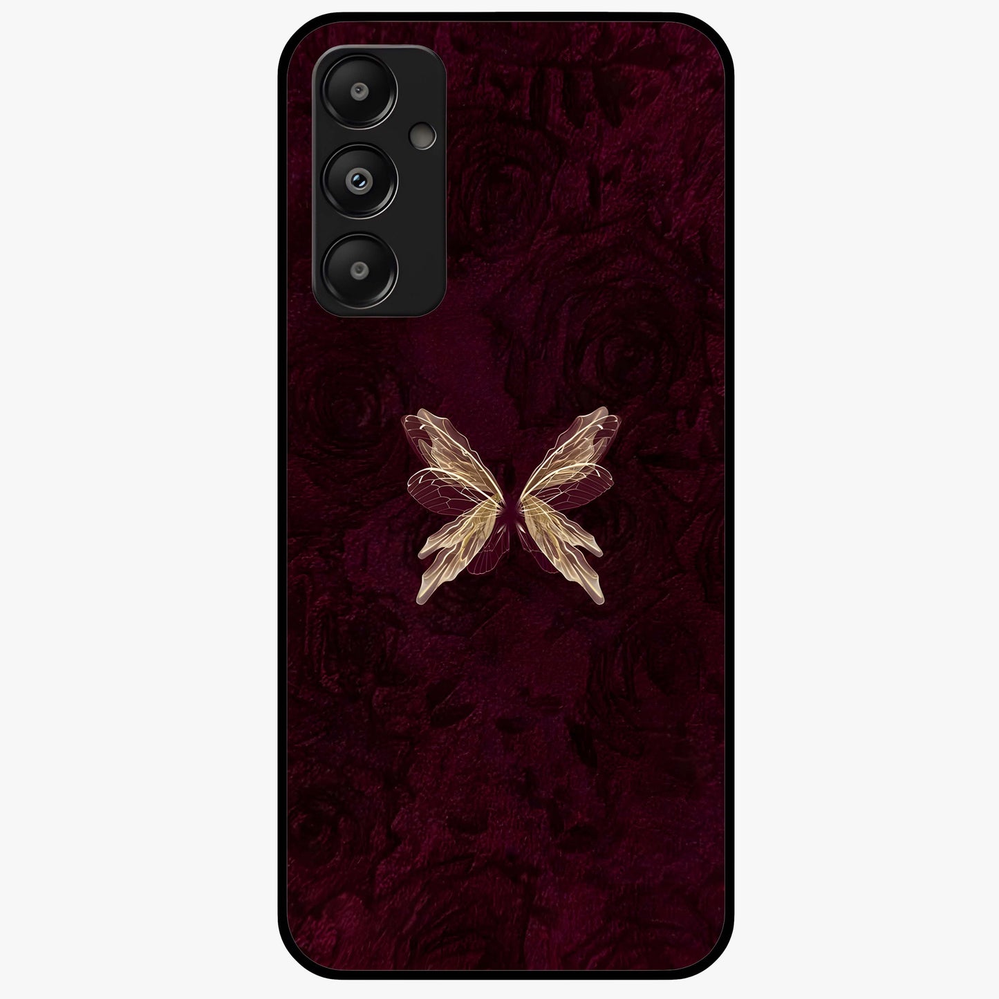 Crimson Fade Butterfly Glass Case showing flat back view with fading butterfly artwork and glossy glass finish.