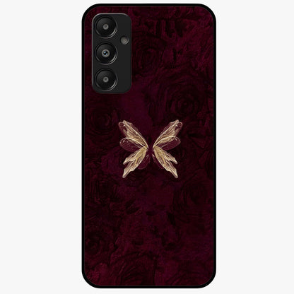 Crimson Fade Butterfly Glass Case showing flat back view with fading butterfly artwork and glossy glass finish.