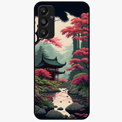 Crimson Temple View Glass Case showing flat back view with temple inspired artwork and glossy glass finish.