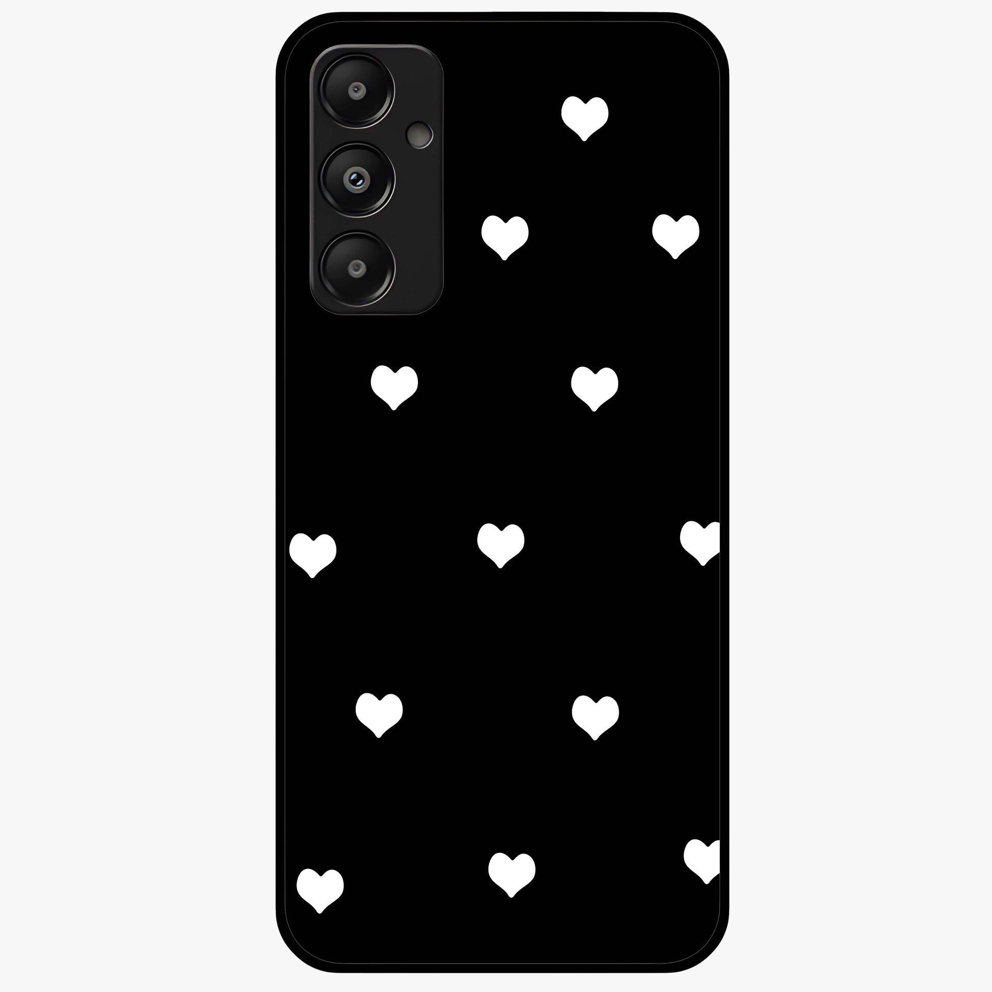 Cute And Simple White Hearts Glass Case showing flat back view with minimal white heart pattern and glossy glass finish.