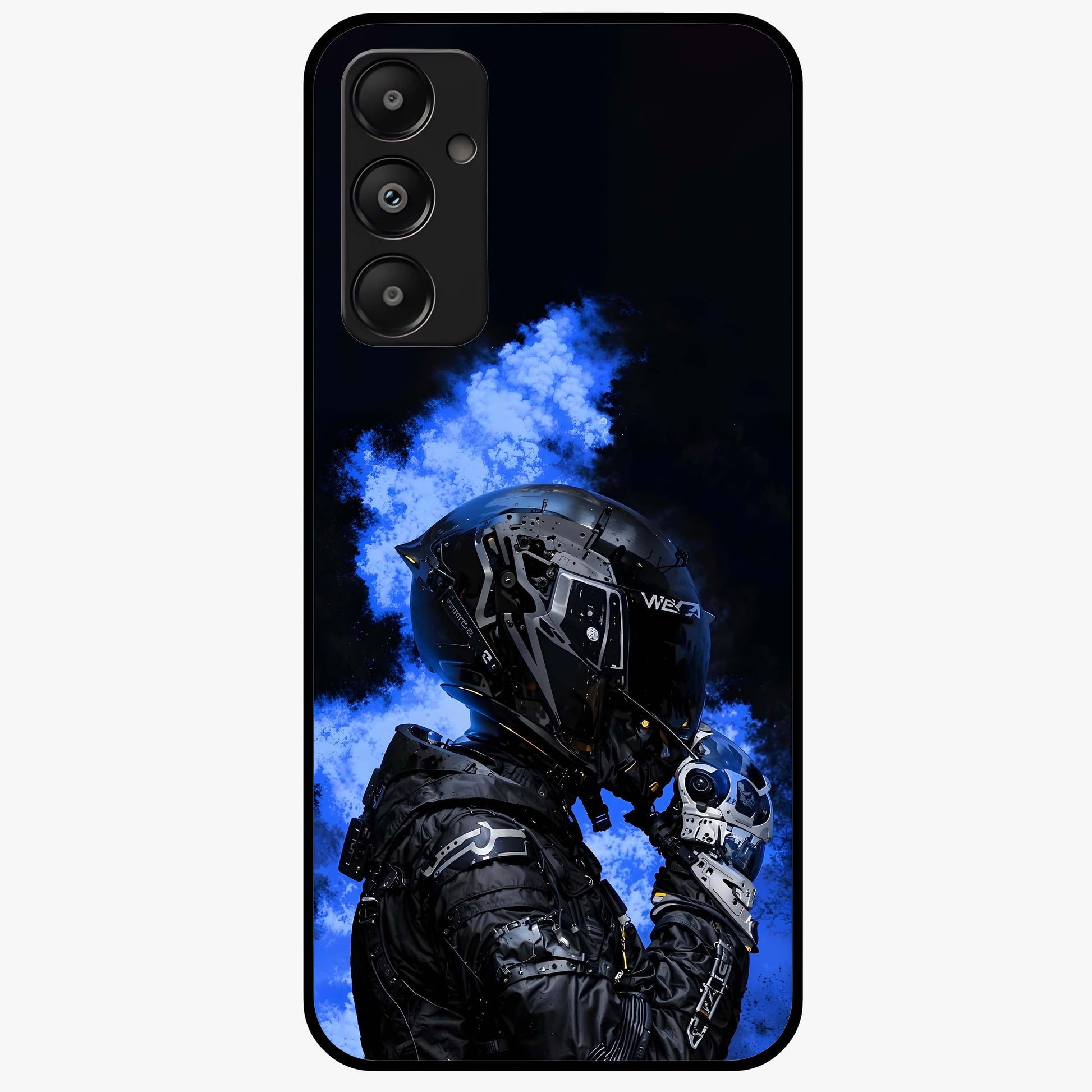 Cyber Sentinel Protocol Glass Case showing flat back view with futuristic cyber themed artwork and glossy glass finish.