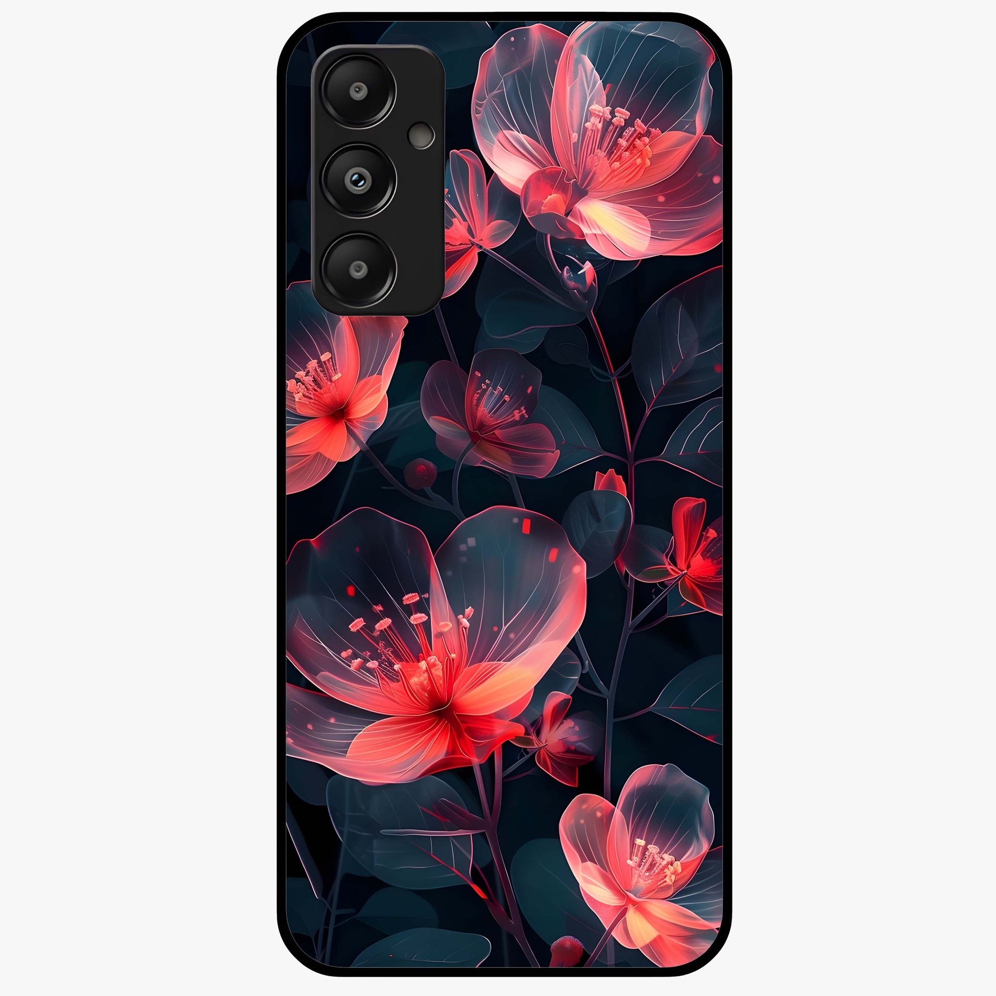 Dark Shade of Flower Glass Case showing flat back view with elegant dark floral artwork and glossy glass finish.