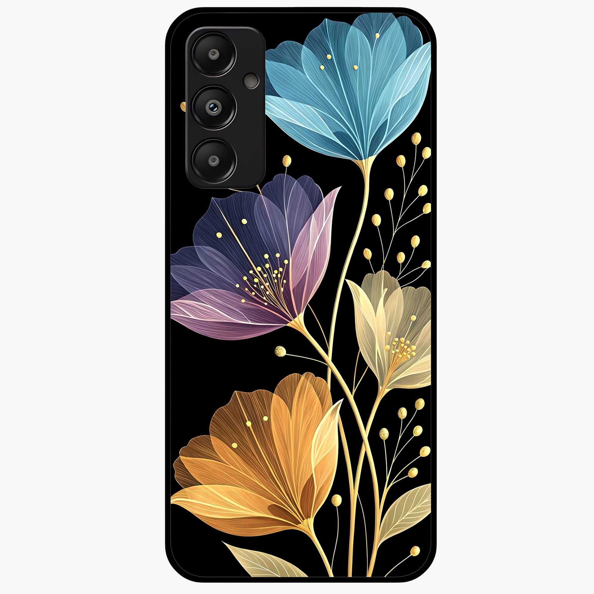 Delicate Multicolor Flowers Glass Case showing flat back view with vibrant floral artwork and glossy glass finish.