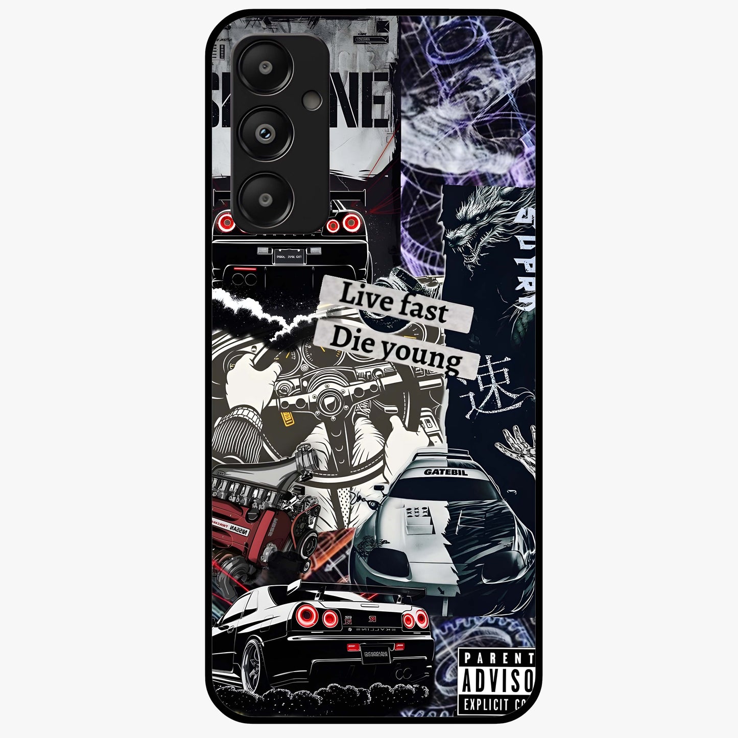 Die Young Glass Case showing flat back view with bold artistic typography design and glossy glass finish.