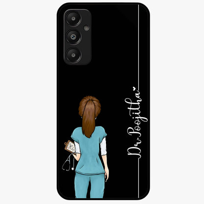 Doctor Pattern Custom Name Glass Case showing flat back view with medical themed pattern and personalized name design.